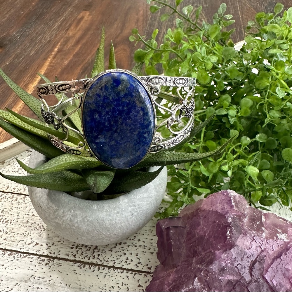 Lapis Lazuli Oval 925 sterling silver plated bracelet cuff filigree Dark Blue